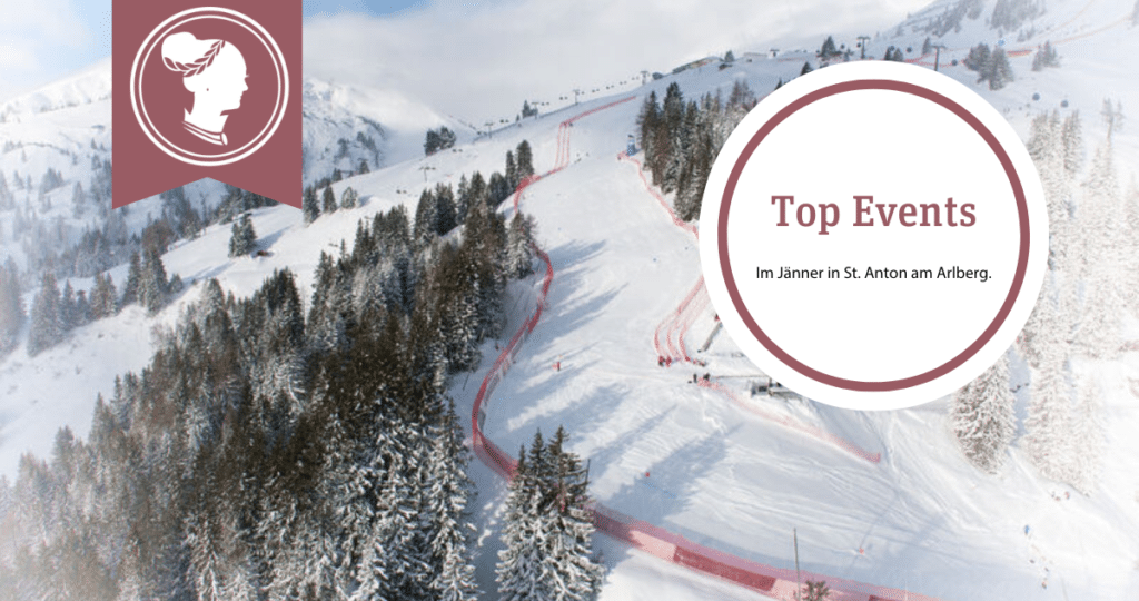 Aerial view of a snow-covered ski race course with red safety netting through alpine forest, promoting 'Top Events' in St. Anton am Arlberg for January.