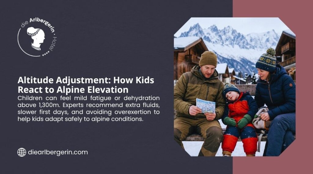Family with a young child reviewing a ski map in a snowy alpine village, illustrating how kids adjust to high altitude elevation during an Austrian Alps vacation.
