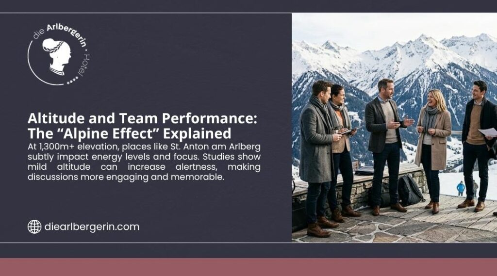Group of five professionals in winter coats standing on a stone terrace, engaged in discussion with snowy mountain peaks in the background.