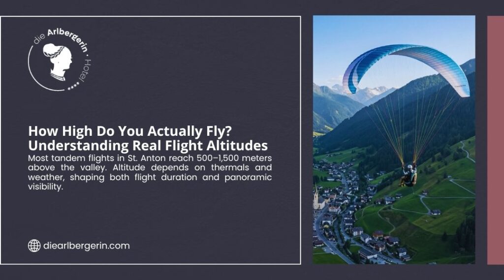 Paraglider with a large blue and white wing soaring high above a green alpine valley and village, with mountains in the background.