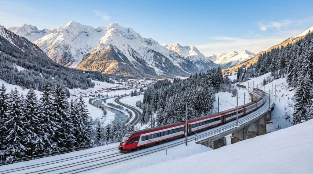 Train traveling through a snow-covered alpine valley toward St. Anton am Arlberg, illustrating the scenic Zurich to St. Anton train route in winter.