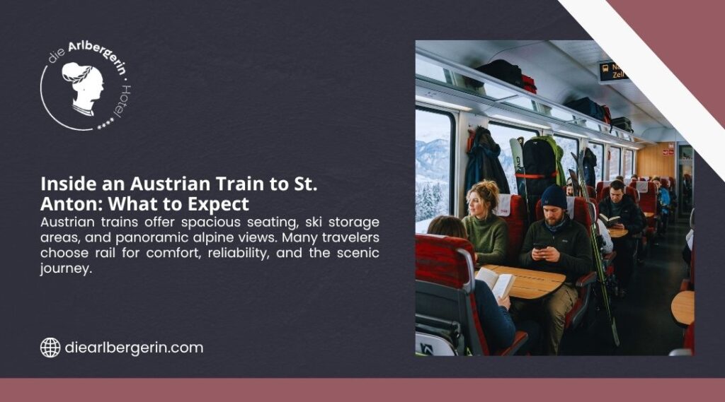 Inside an Austrian Train to St. Anton: What to Expect. Passengers relaxing in a modern train car with red seats, ski gear stored overhead, and panoramic windows showing snowy alpine mountains.