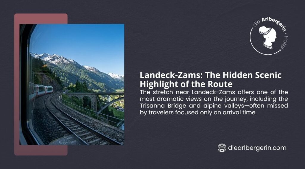 Landeck-Zams: The Hidden Scenic Highlight of the Route. Train traveling on curved tracks through a dramatic alpine landscape with green mountains, snow-capped peaks, and a stone arch bridge visible from the window.