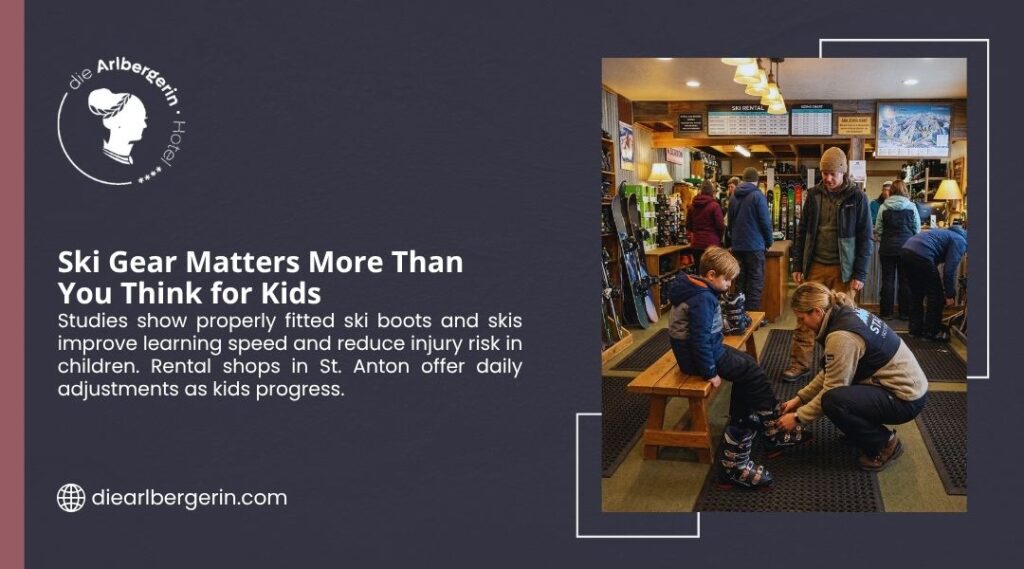 Ski gear fitting for kids: A young boy sits on a wooden bench in a St. Anton rental shop while a staff member helps adjust his ski boots. Properly fitted ski gear improves learning and safety.