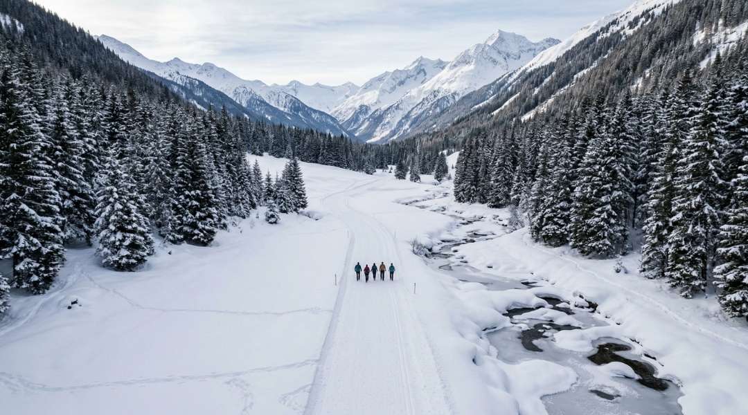 Group of five people walking along a snow-covered path through a stunning winter valley surrounded by dense evergreen forests and towering snow-capped mountains.