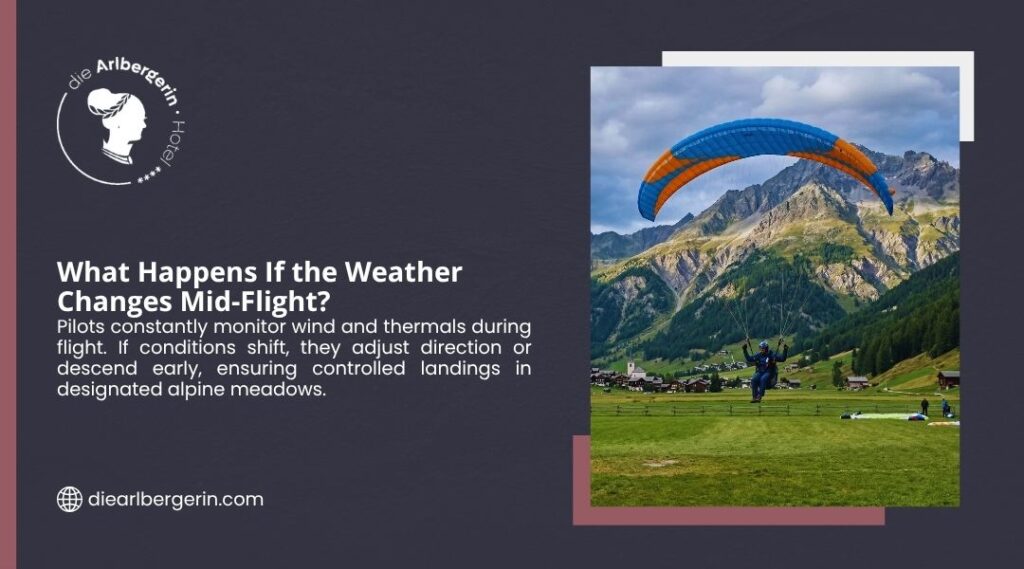 Paraglider with a large blue and orange wing flying over a green alpine meadow with mountains in the background, preparing for landing.