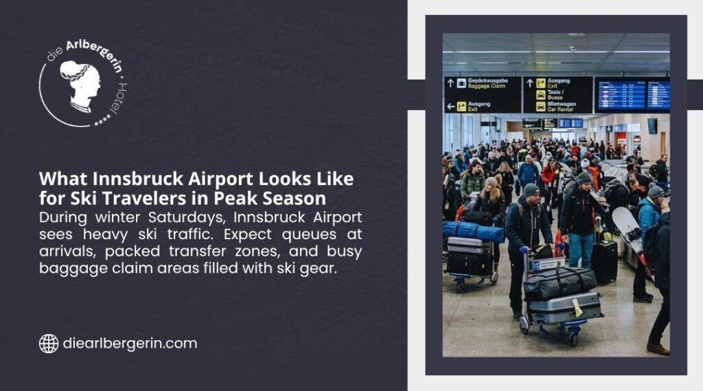 What Innsbruck Airport Looks Like for Ski Travelers in Peak Season. Busy airport terminal crowded with winter travelers pulling luggage carts loaded with ski bags and snowboards, near baggage claim and exit signs.