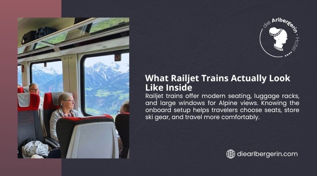 What Railjet Trains Actually Look Like Inside. Interior of a modern Austrian Railjet train with comfortable red and grey seats, passengers relaxing while enjoying scenic alpine mountain views through large windows.