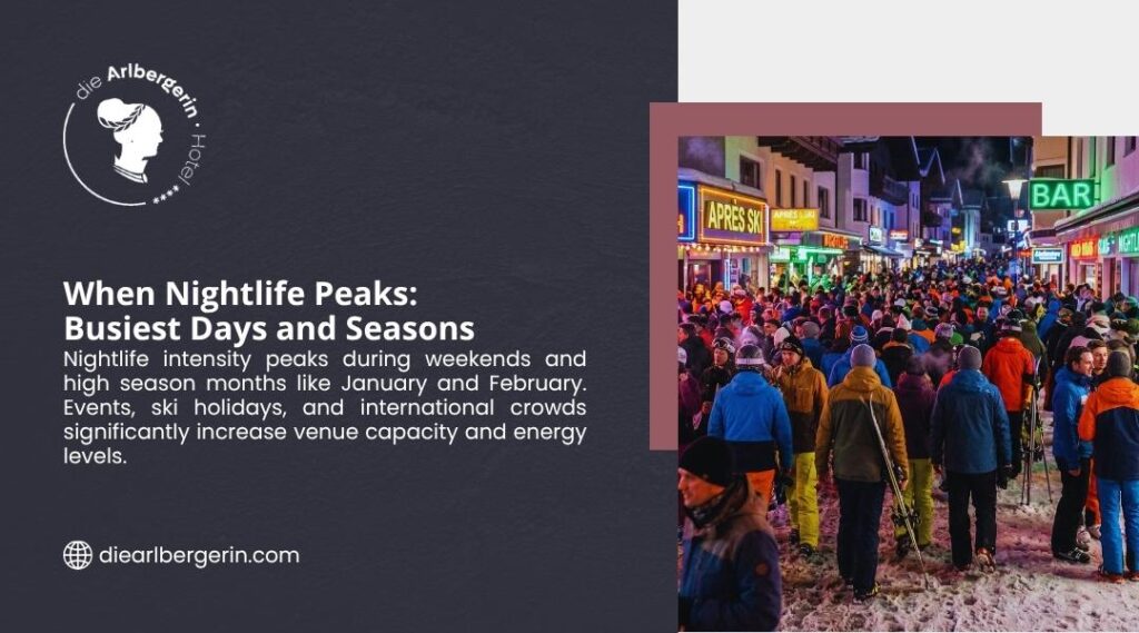 When Nightlife Peaks: Busiest Days and Seasons. Large crowd of people in winter jackets gathered on a snowy street at night in a lively ski resort town, with glowing bar and après-ski signs. die Arlbergerin Hotel.