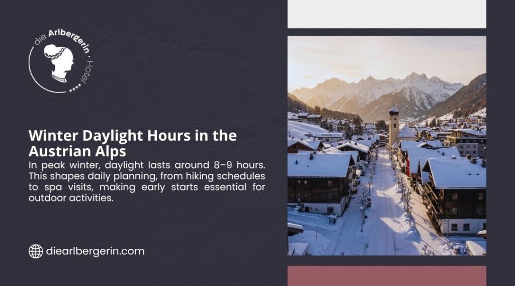 Snow-covered Austrian alpine village at golden hour with mountain peaks in the background, illustrating the limited winter daylight hours in the Austrian Alps.