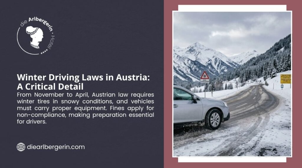 Silver car driving on a snowy, winding mountain road with tire tracks, surrounded by snow-covered trees and alpine peaks under an overcast sky.