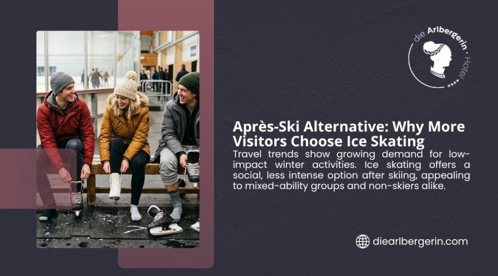 Three friends lacing up ice skates outdoors, showing why ice skating is a popular après-ski alternative for visitors in St. Anton.