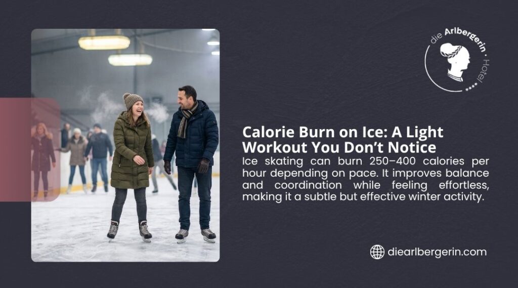 Smiling couple ice skating together at an indoor rink, illustrating how ice skating delivers an effortless calorie burn on ice.