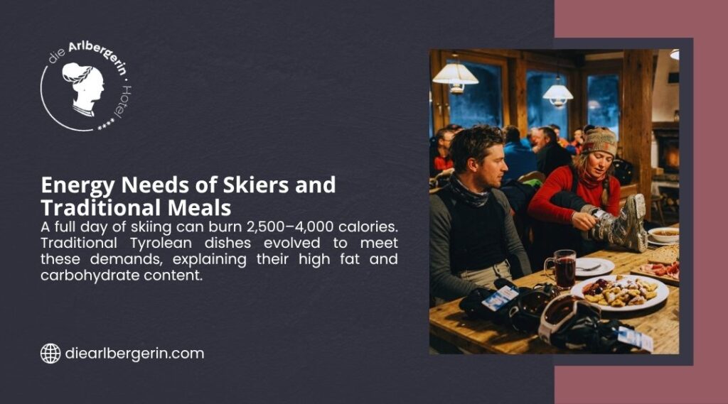 Two skiers dining on traditional Tyrolean meals in a cozy mountain hut, reflecting the high energy needs of skiers after a full day on slopes.
