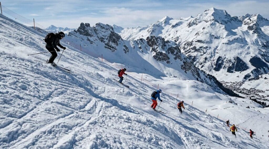 Expert skiers tackling moguls on one of the most challenging black runs on the Arlberg with steep Alpine panorama below.