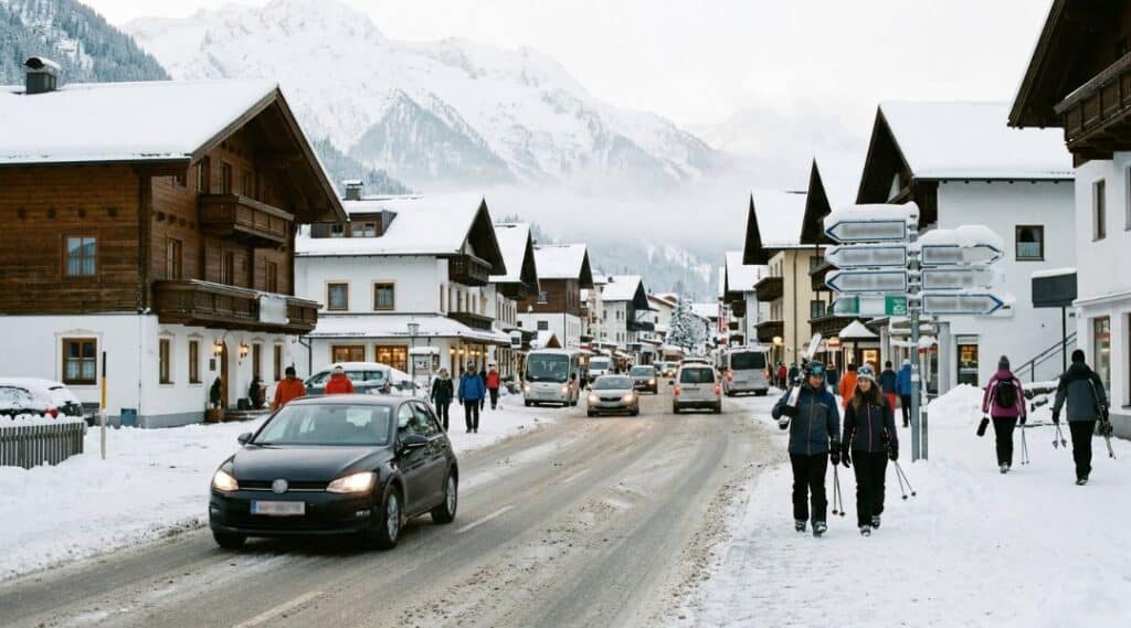 Busy snowy street in St. Anton am Arlberg during ski season with cars, skiers and Alpine chalets, showing peak parking congestion.