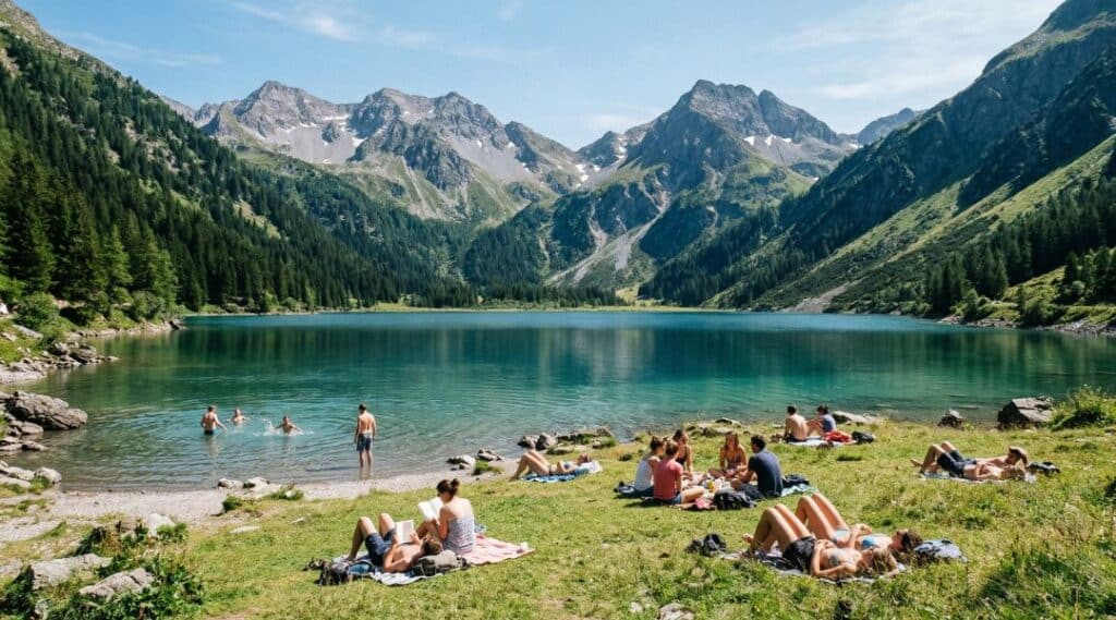Swimmers and sunbathers enjoying a clear turquoise swimming lake near St. Anton am Arlberg surrounded by Alpine peaks in summer