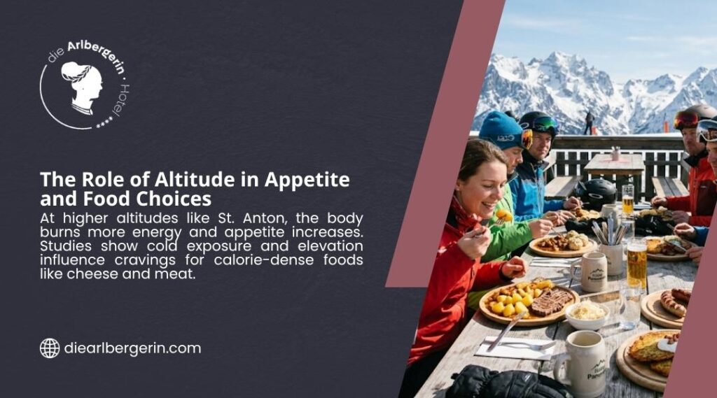 Skiers enjoying a hearty meal on a snowy mountain terrace in St. Anton, illustrating the role of altitude in appetite and food choices.