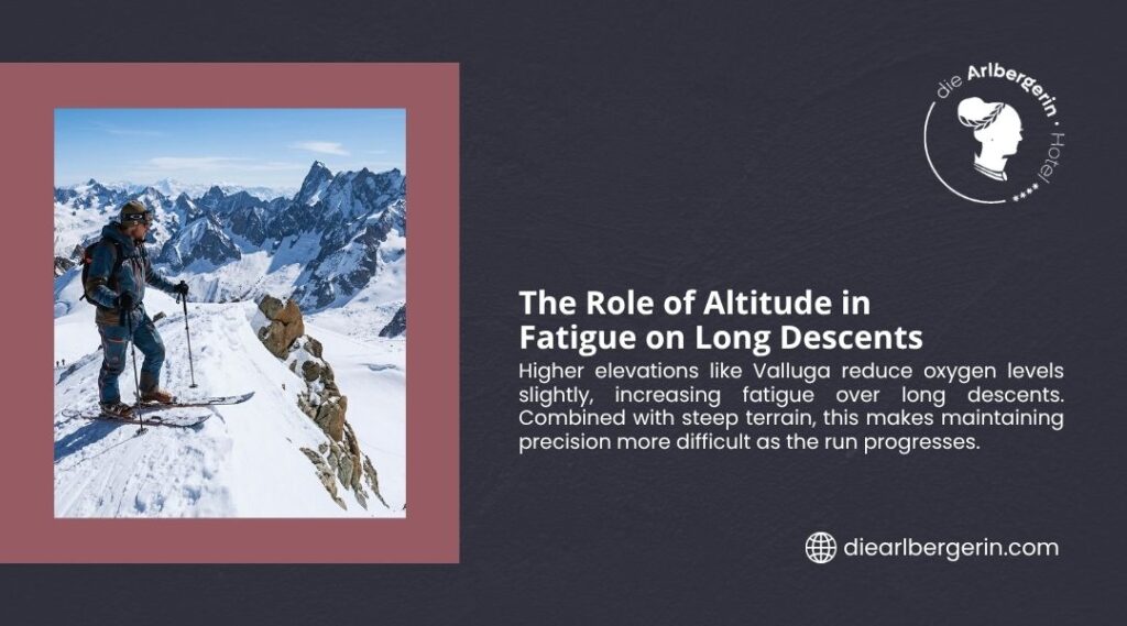 Skier standing at high altitude on a steep Arlberg ridge, where reduced oxygen at Valluga elevation increases fatigue on long descents.