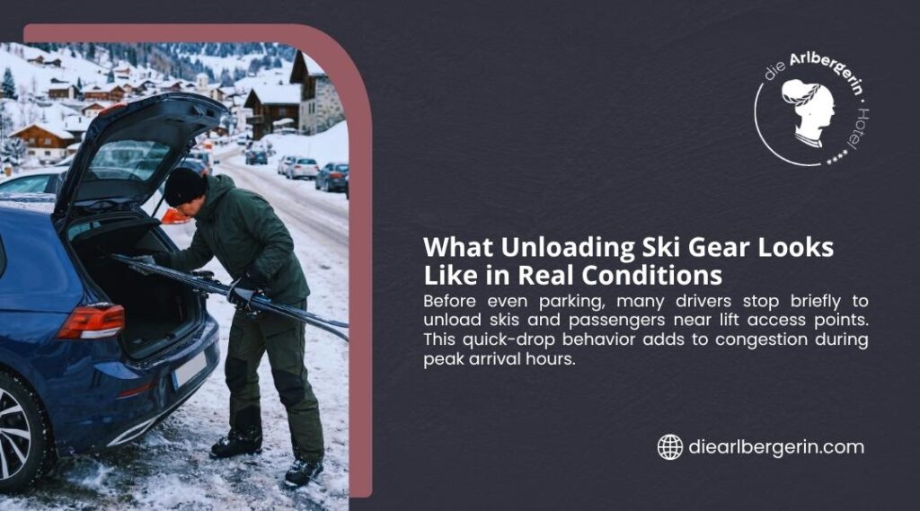 Skier unloading ski gear from car boot in snowy St. Anton conditions, contributing to peak hour congestion near lift access points.
