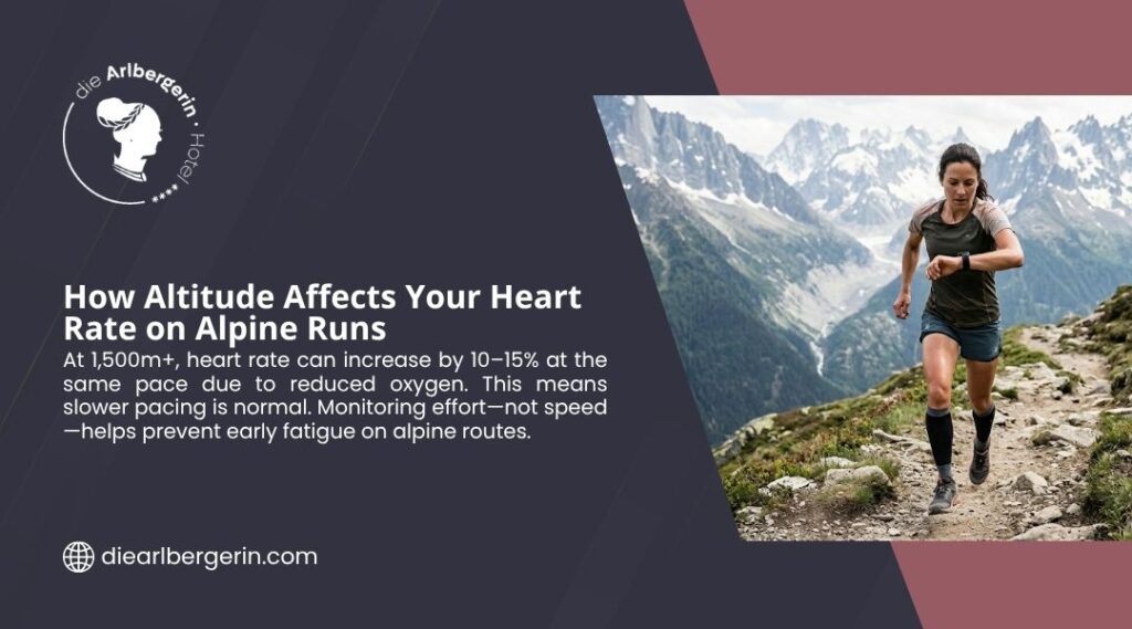 A woman trail runs on a rocky Alpine path while checking her watch, illustrating how altitude affects heart rate on alpine runs.