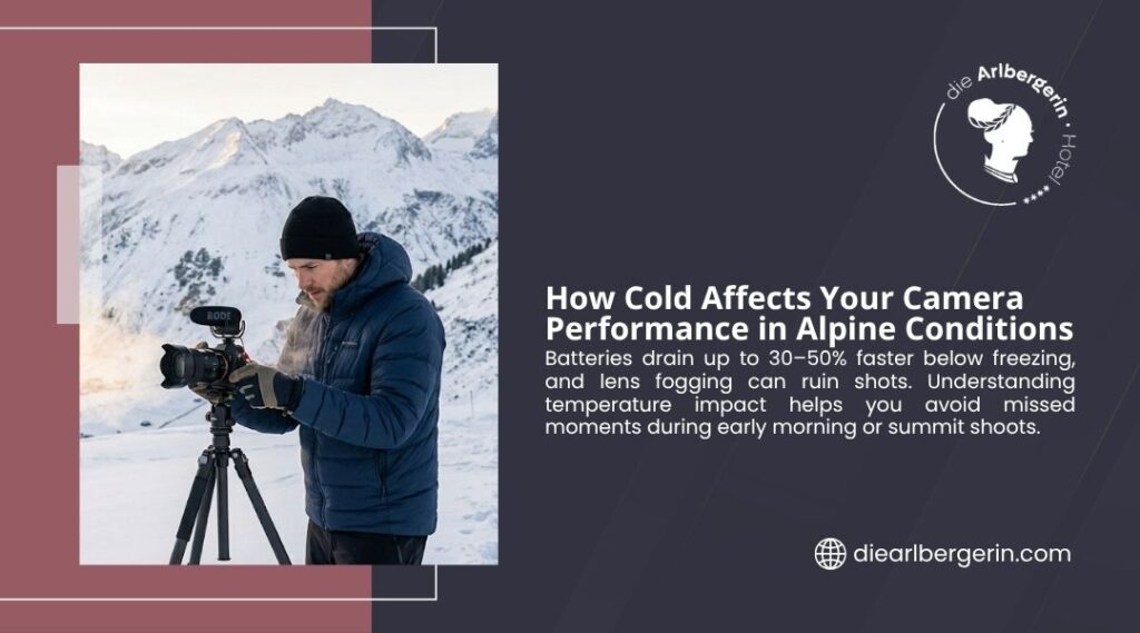 A photographer adjusts his camera on a tripod in snowy Alpine mountains, illustrating how cold affects camera performance in alpine conditions.