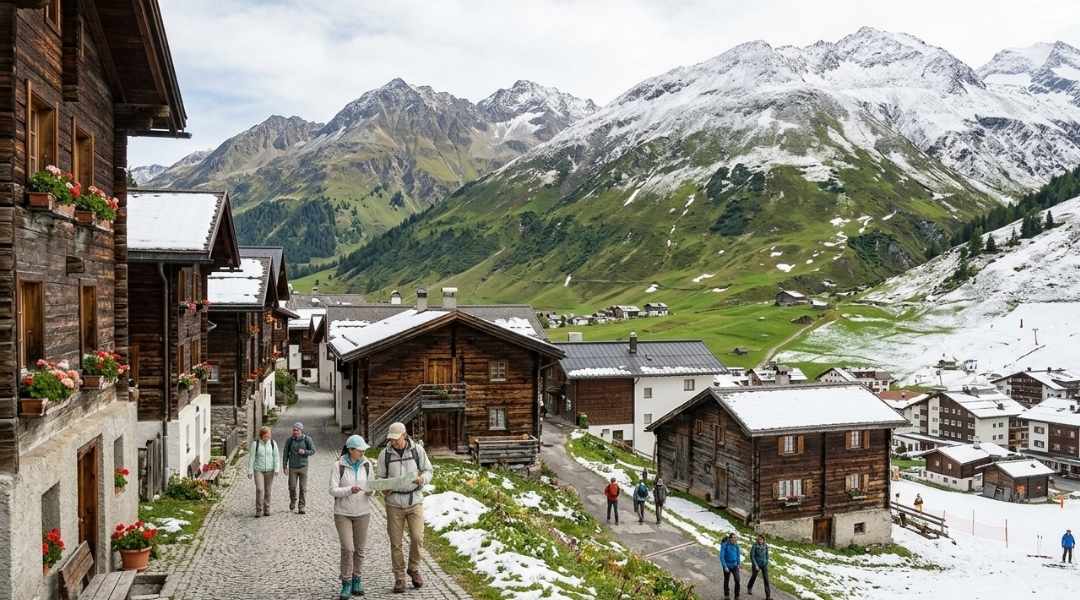 Scenic cobblestone street in St. Anton am Arlberg with hikers and traditional Alpine buildings against snow-capped mountains.