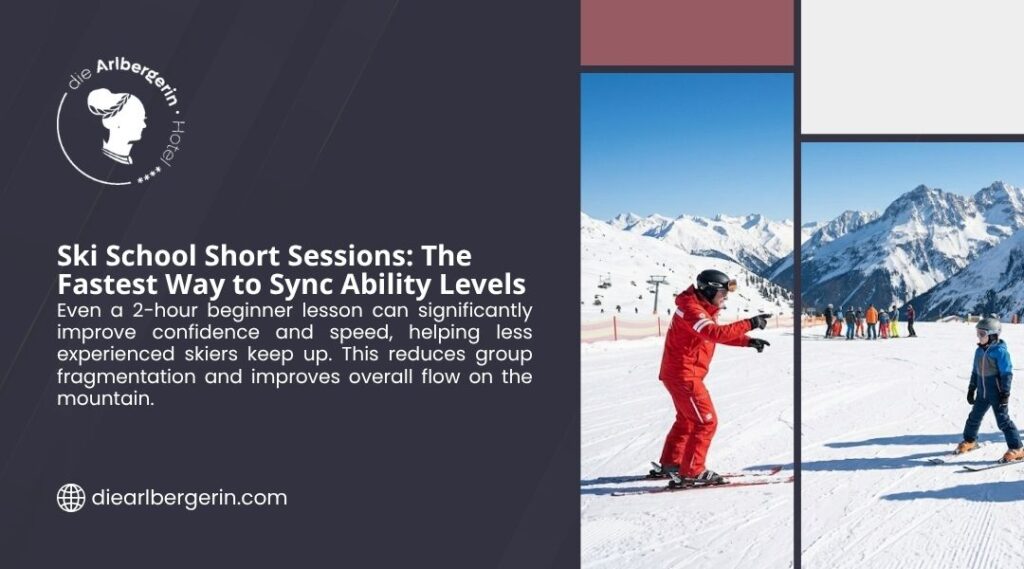 Family-Friendly Ski Runs Arlberg for Mixed Ability Groups - A ski instructor in red guides a young beginner on a sunny Alpine slope, showing how ski school short sessions sync ability levels in a group.