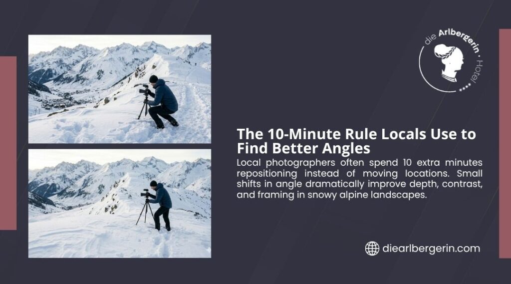 Two shots of a photographer repositioning his tripod on a snowy Alpine ridge, demonstrating the 10-minute rule locals use to find better angles.