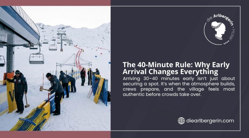 Race crews set up ski course gates on a snowy Alpine slope at dawn, illustrating the 40-minute rule and why early arrival changes everything.