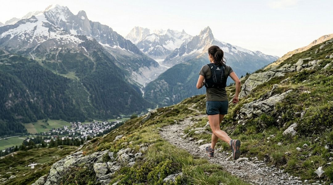 A woman trail runs along a rocky Alpine ridge overlooking a valley and snow-capped peaks, capturing the best trail running routes in St. Anton in summer.