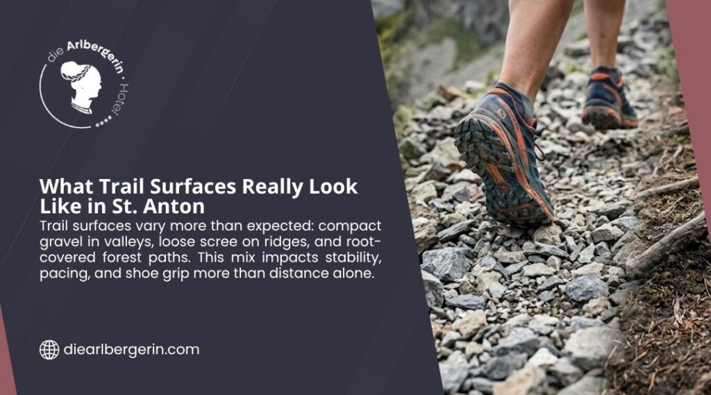 A close-up of trail running shoes navigating loose rocky scree, showing what trail surfaces really look like in St. Anton am Arlberg