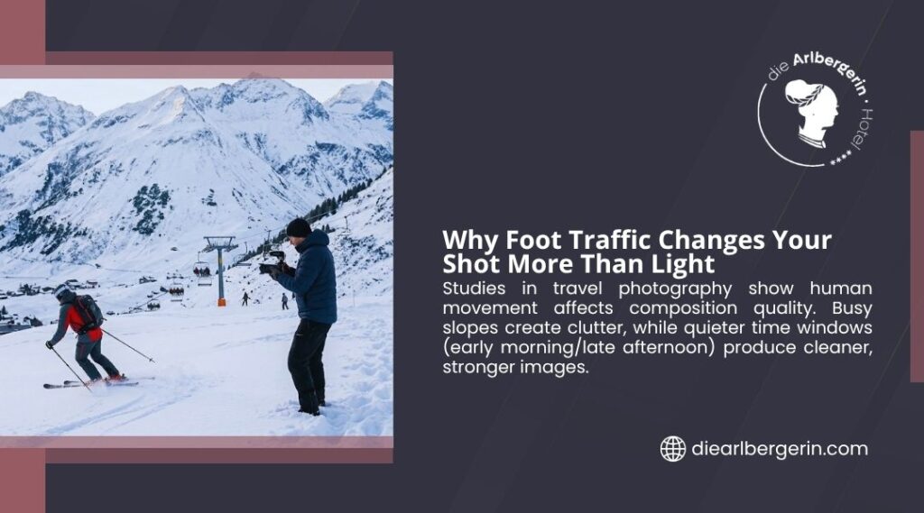 A photographer films a skier on a busy Alpine slope with mountain peaks behind, showing why foot traffic changes your shot more than light.