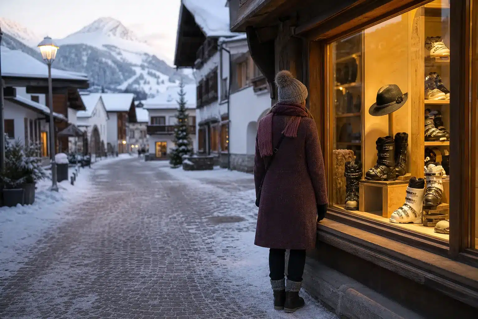 Person browsing a warmly lit ski-shop window on a snow-dusted car-free lane in St. Anton am Arlberg at golden hour