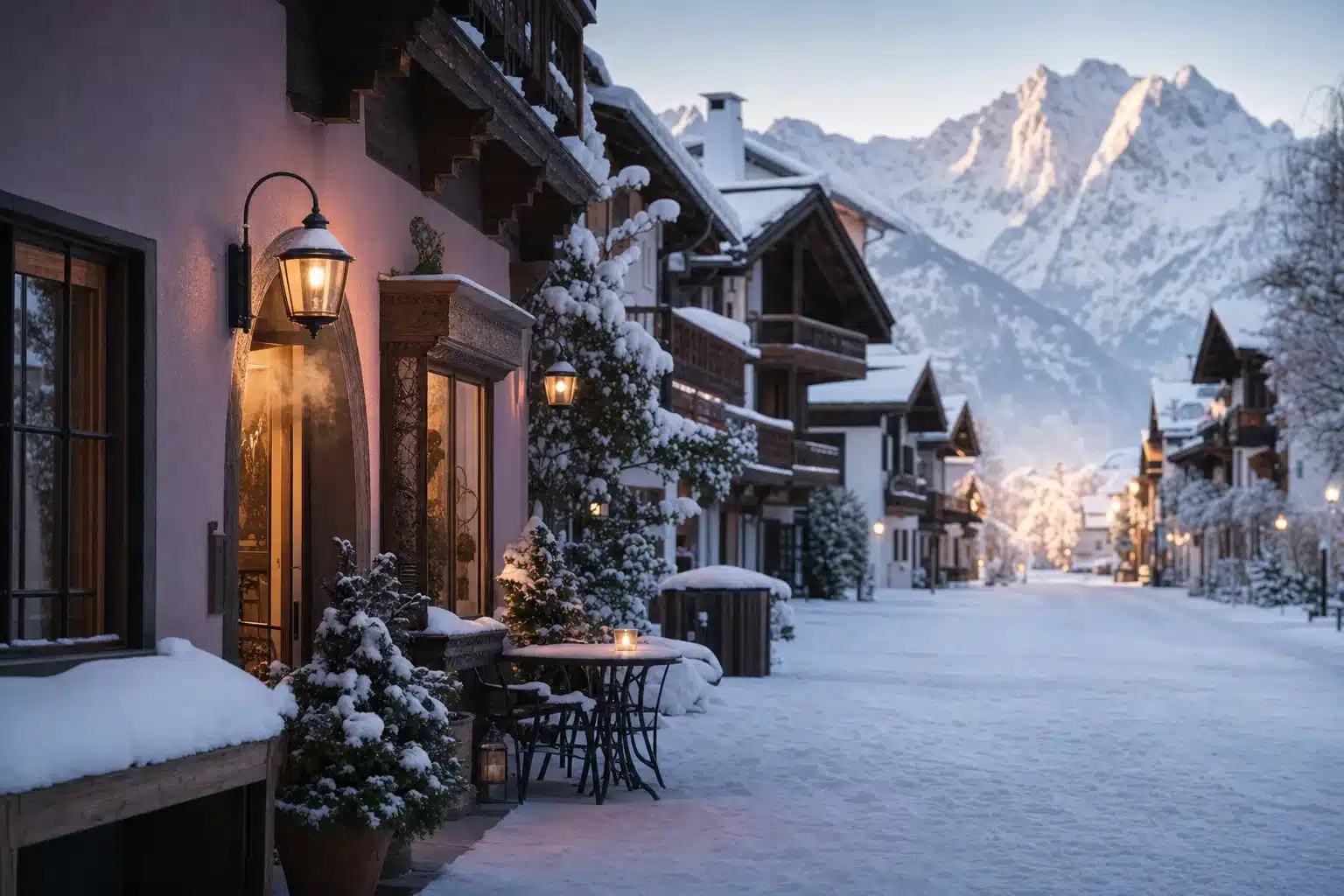 Snow-covered car-free main street of St. Anton am Arlberg at dawn with timber chalet balconies and a glowing café doorway