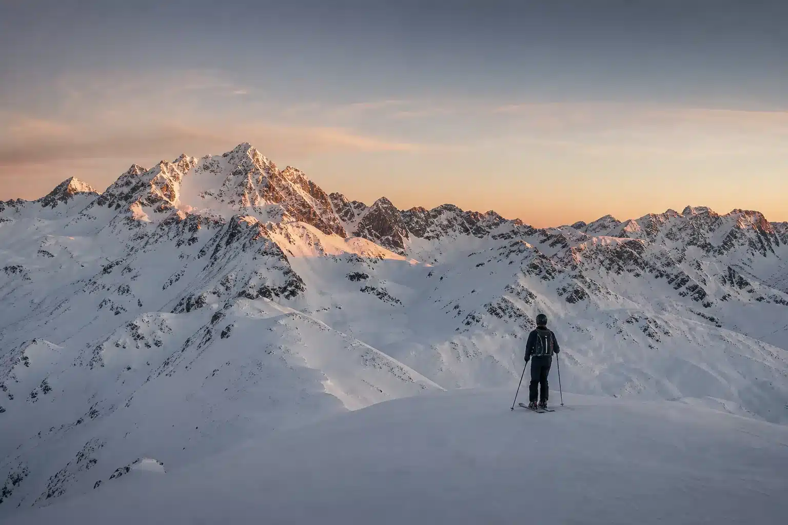 A solo skier at the top of a snow-covered St. Anton piste facing dramatic Alpine peaks in soft dawn light